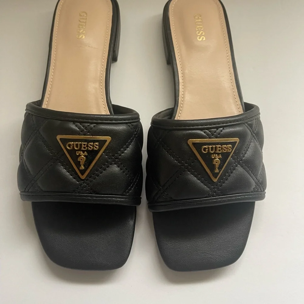 New in box- Guess Black Quilted Mules with Gold Accent - Picture 1 of 9